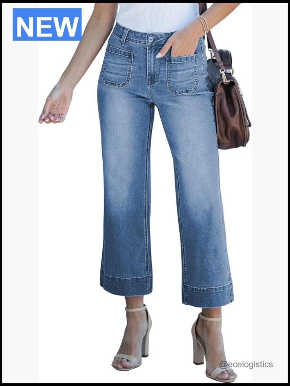 Wide Leg Flare Cropped Stretch Denim Jeans High Waist Patch Pockets